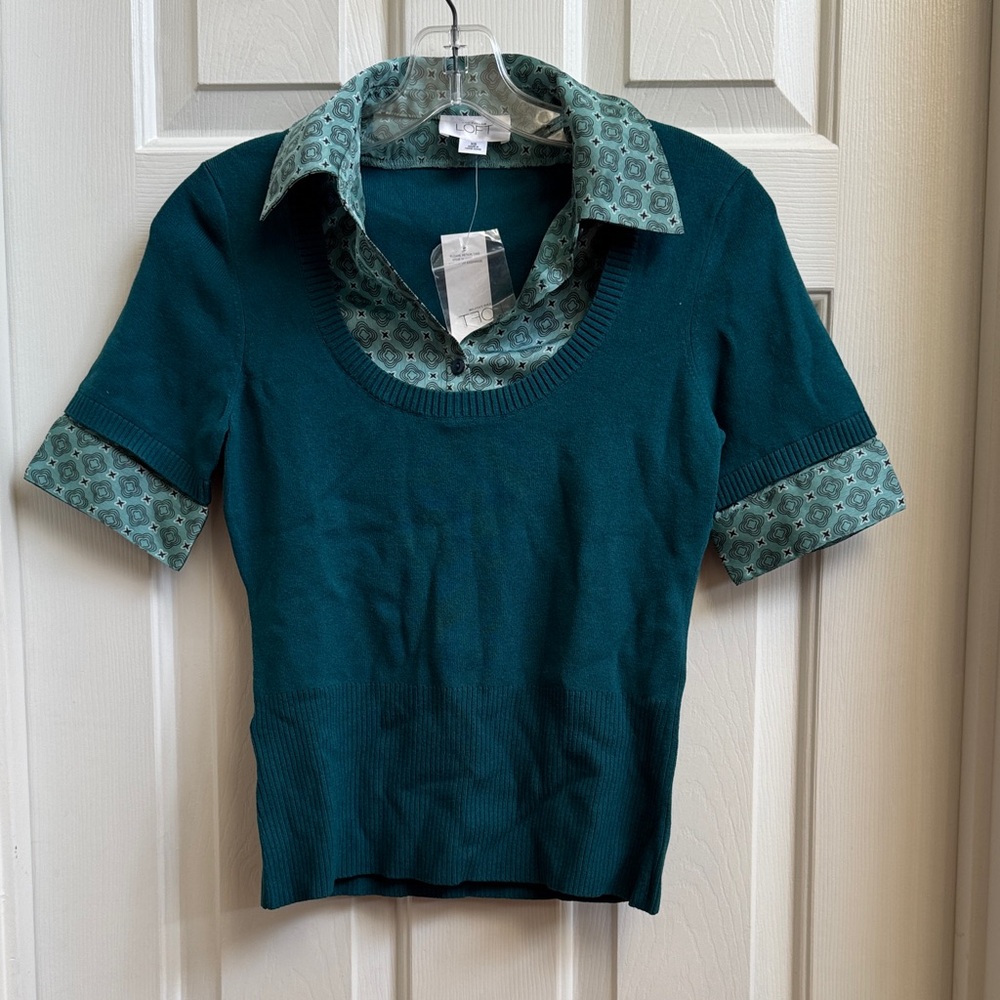 LOFT Teal Layered Blouse with Patterned Accents